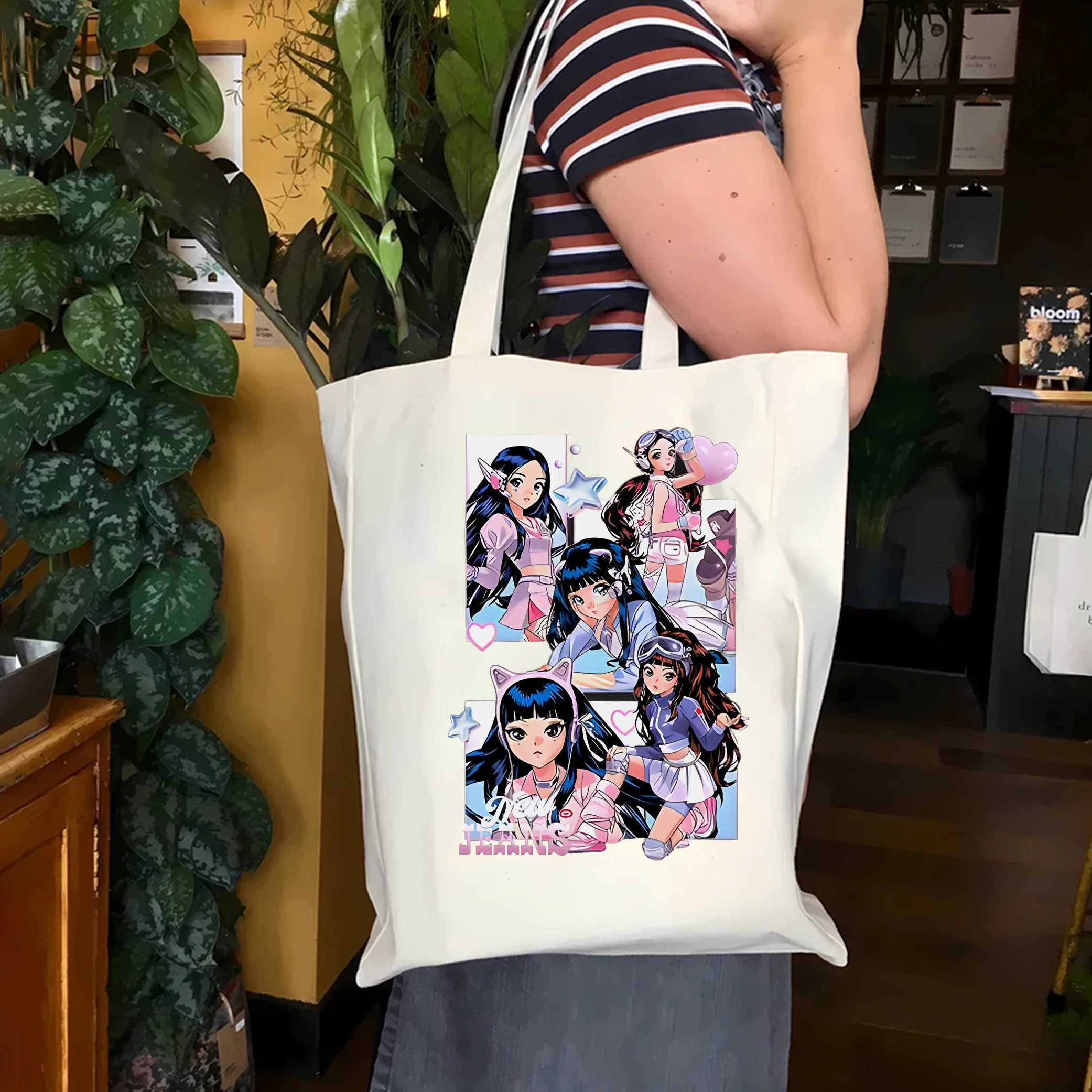 Сумка-тоут NewJeans Kpop женская модный саквояж на плечо в стиле аниме Холщовый тоут с