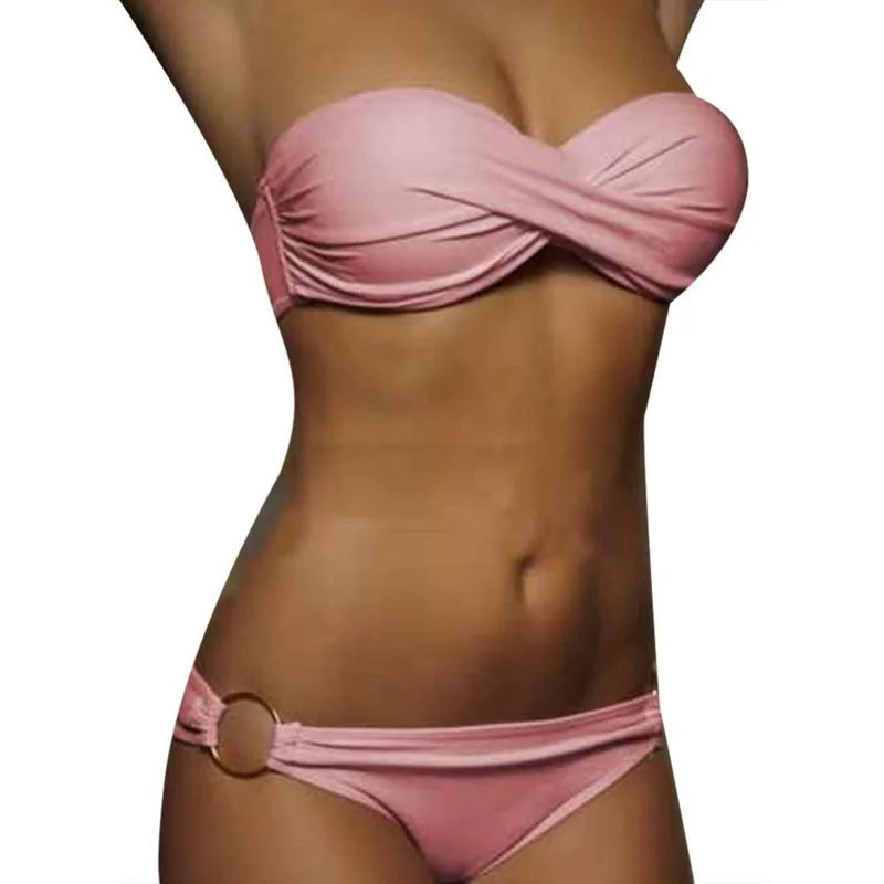 

European and American Sexy Ladies Bikini Cross Split Solid Color Summer Bikini Two-piece Swimsuit Beach Tube Top Bikini Swimsuit