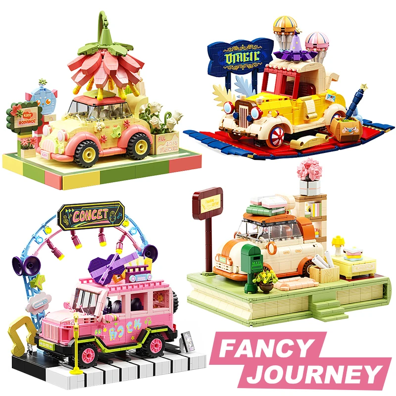Technical Magic House Car Music Truck Flower Cart Station Building Blocks Micro Assemble Bricks Vehicle Toy Kid Girl Friend Gift