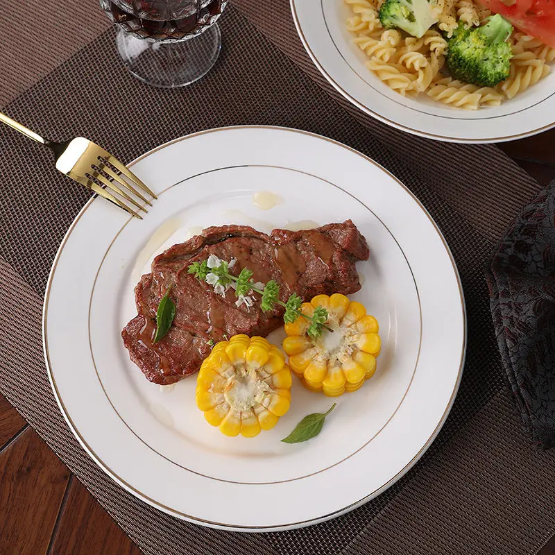 

European Entry Lux Household Plate Steak Plate Gold Rimmed Ceramic Tableware Dessert Dim Sum Dish Banquet Buffet Plate