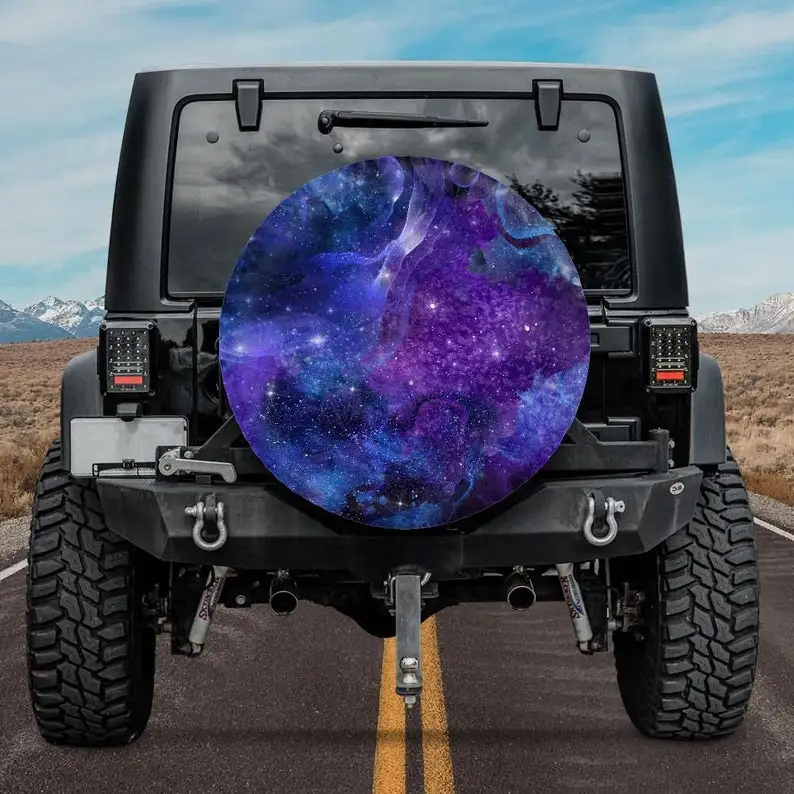 

Spare Tire Cover with Purple and Blue Galaxy design, Backup Camera tire cover, Galaxy Jeep Tire Cover, Purple galaxy wheel cover