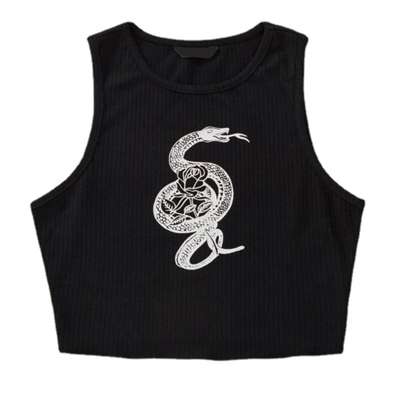 

Women Dark Gothic Punk Sleeveless Crop Top Harajuku Vintage Snake Rose Graphic Print T-Shirt Racerback Ribbed Bodycon Slim Fit