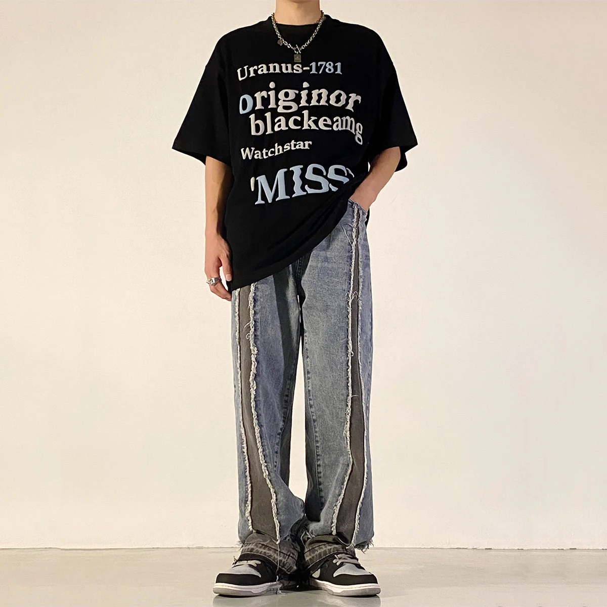 Four Seasons Men's Jeans High Street Stitching Raw Edge Jeans Men's American Retro Loose Straight Jeans Y2k Pants Ins Hot Sale