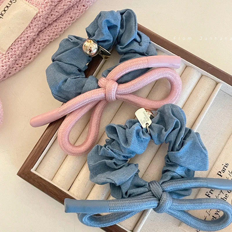 

Korean Style Denim Bow Large Intestine Hair Band Sweet Cool Hot Girl Head Rope Rubber Band Tied-up Hair Rubber Band Headwear