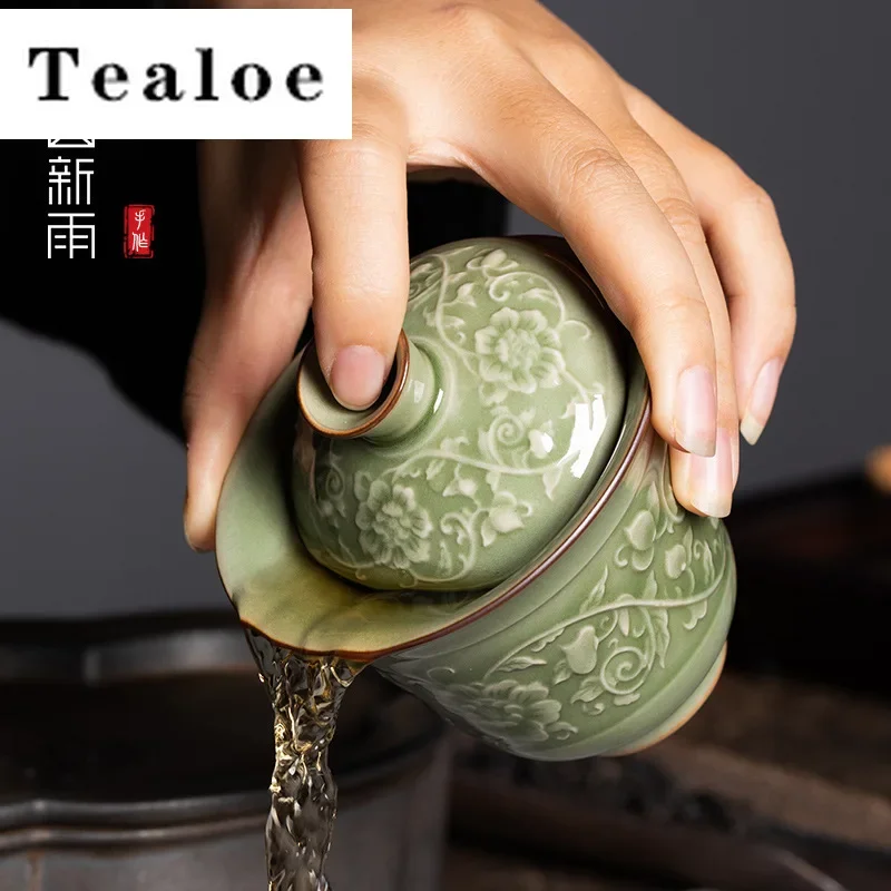 140 мл антикварный рельефный шпагат с узором Gaiwan китайский чайный вкус Longquan Celadon