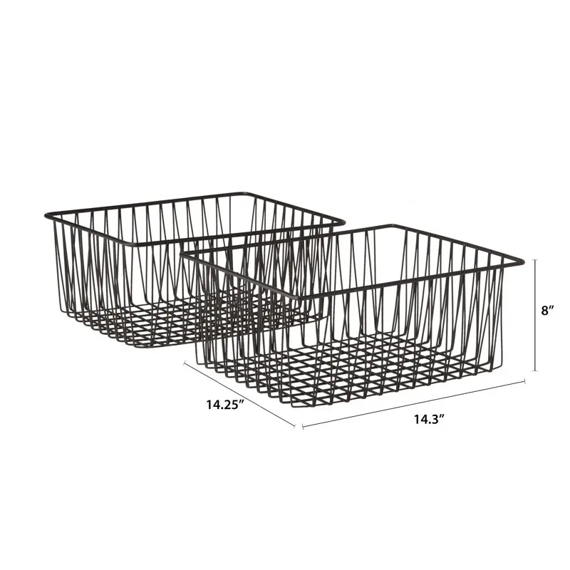 

Luxurious Woven Iron Wire Square Floor Storage Basket, Set of 2, Black With Blush Color Accent.