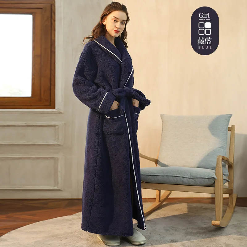 Autumn Winter Couple Bathrobe Fleece Turn Down Collar Warm Women's Dressing Gown Flannel Fluffy Long Bath Robe For Female