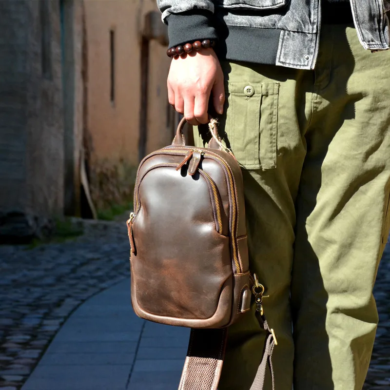Vintage luxury crazy horse cowhide men's chest bag outdoor daily travel natural genuine leather teens teens party shoulder bag