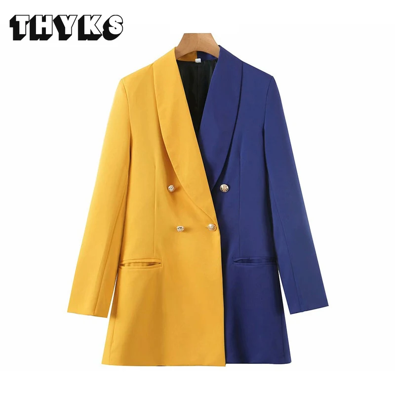 2022 autumn women's fashion blue and yellow stitching loose suit jacket women temperament double-breasted stitching jacket suit
