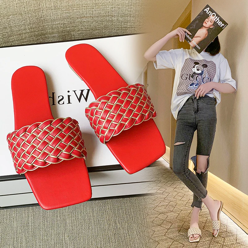 

Женские шлепанцы, Летняя распродажа 2023, пикантные Плетеные Красные модные пляжные мюли с квадратным носком, повседневные домашние мюли