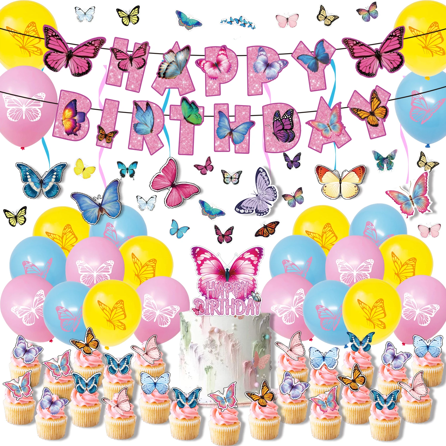 

Butterfly Theme Birthday Party Favors Paper Banners Cupcake Toppers Balloons Spirals Strikers Birthday Party Decor For Kids