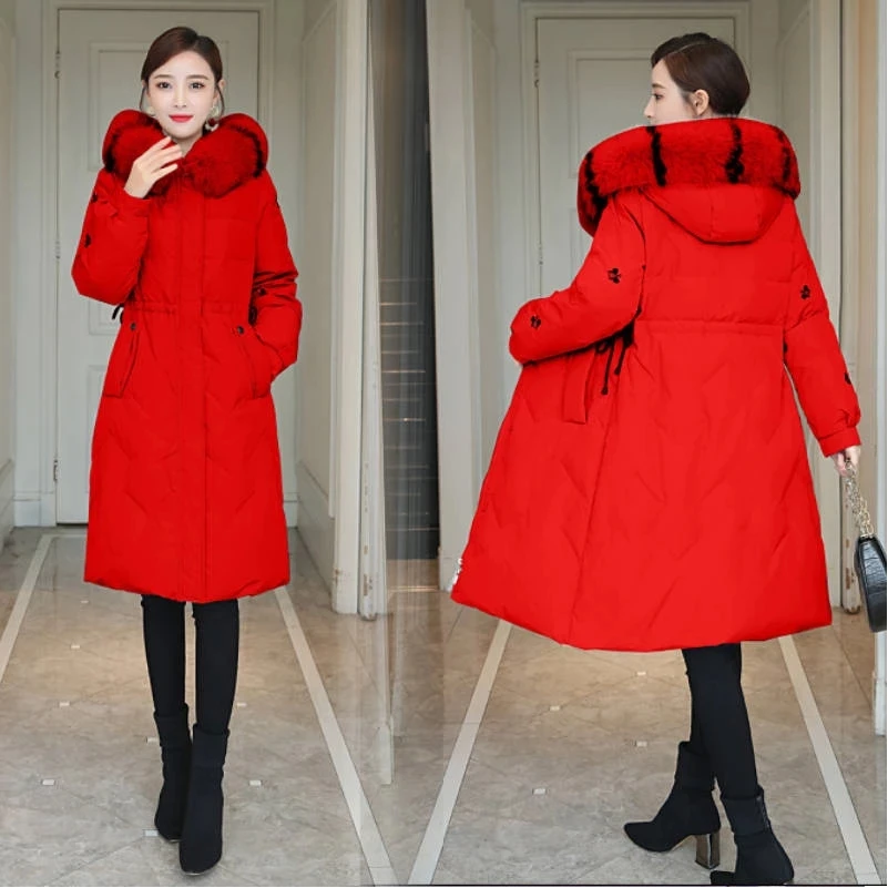 Woman Jacket Loose Washed Fashion Embroidery Cotton Coat Winter Clothes with Raccoon Fur Collar Thick Warm Hooded Female Parkas