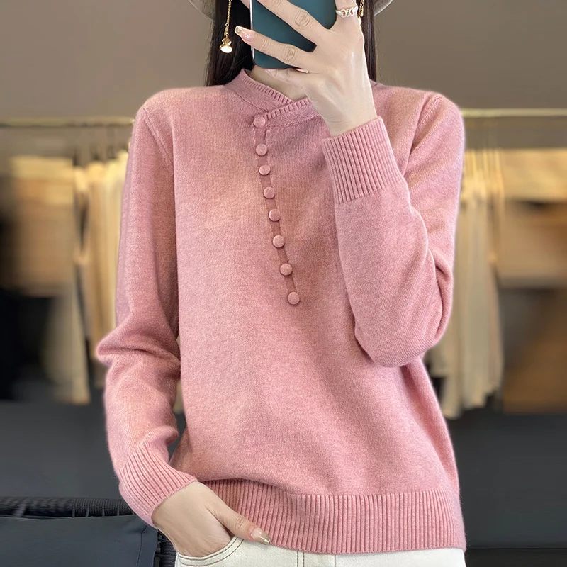 Весенне-осенний свитер женский вязаный с круглым вырезом топы длинными рукавами