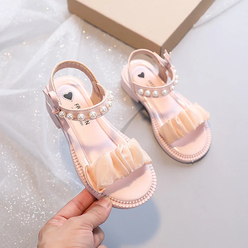 

Girl Princess Shoes Kid Lace Pleated Sandal Open Toe 2022 Summer Child Pearl Buckle Hook & Loop Flat Beach Non-slip Shoe 26-36