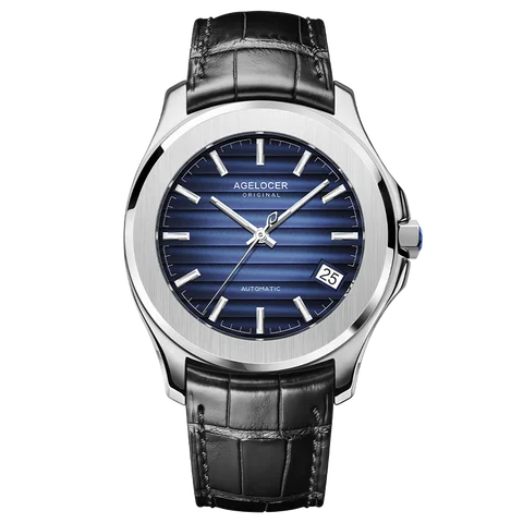 AGELOCER Баikal Мужские механические часы из стали с кожаным ремешком