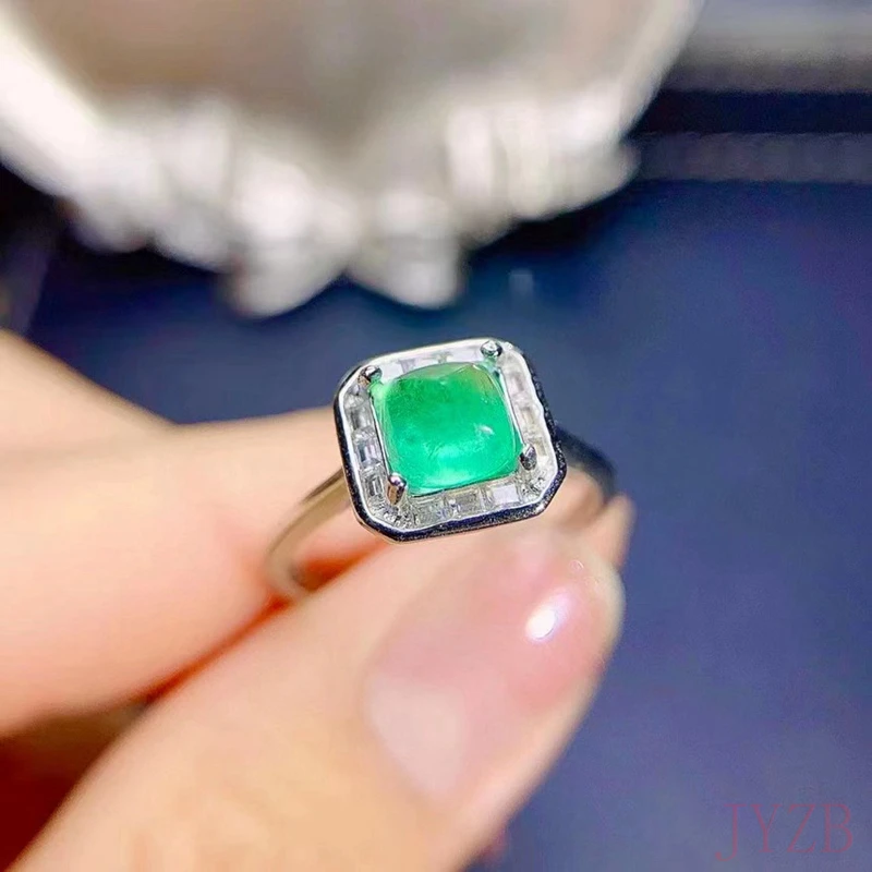 100% Natural Colombian emerald Sugar Bread Cut 925 sterling silver ring 6x6mm Women's jewelry gift designed for women's luxury g