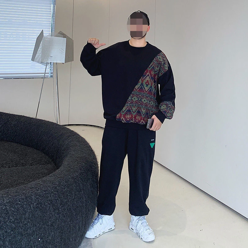 Men Spring Pullover Men's Clothing Loose Round Neck Ethnic Style Stitching Fashion Sweater Casual Black Clothes Polyester