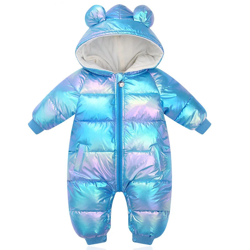 

Winter New Plus Velvet Jumpsuits Baby Shiny Waterproof Newborn Girls Snowsuit Rompers Cartoon Hooded Toddler Boys Coat Clothes