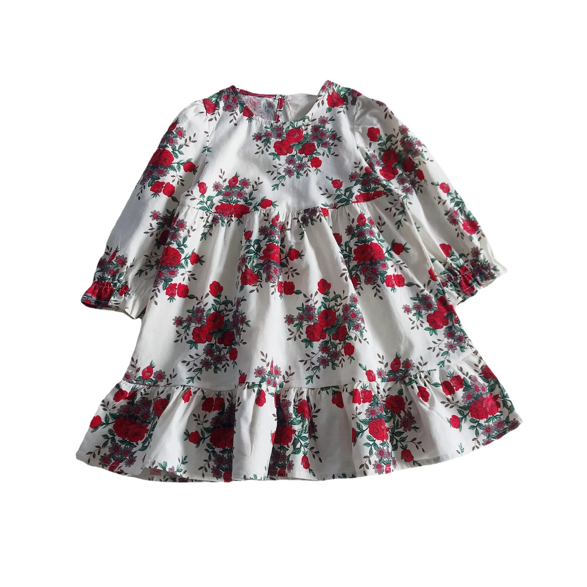 

2022 Spring Summer New Baby Girls Dress Korean Rose Floral Print Ruffle Princess Dress Long Sleeve Kids Sweet Clothes