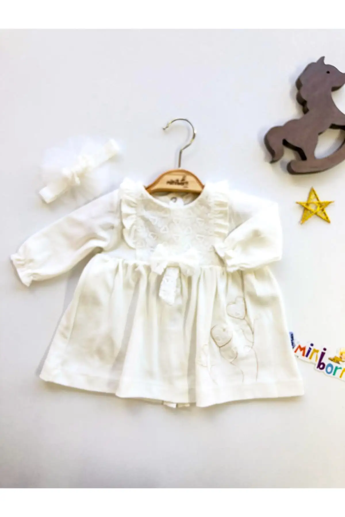 

Baby girl Ecru New Born Heart Embroideried Dress Cotton Clothing
