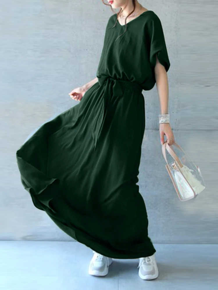 

Spring Summer Dress for Women 2023 New Fashion V-neck Lace Up Short Sleeve Loose Solid Commuter Style Long Top Women's Clothing
