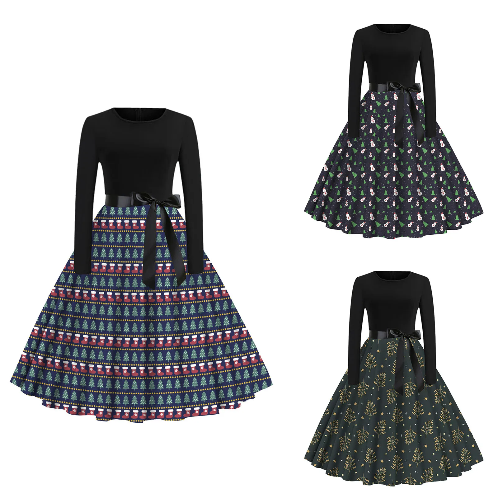 

Women Fashion Christmas Print Dress Round Neck 1950s Housewife Party Dress Womens Tube Top Dress