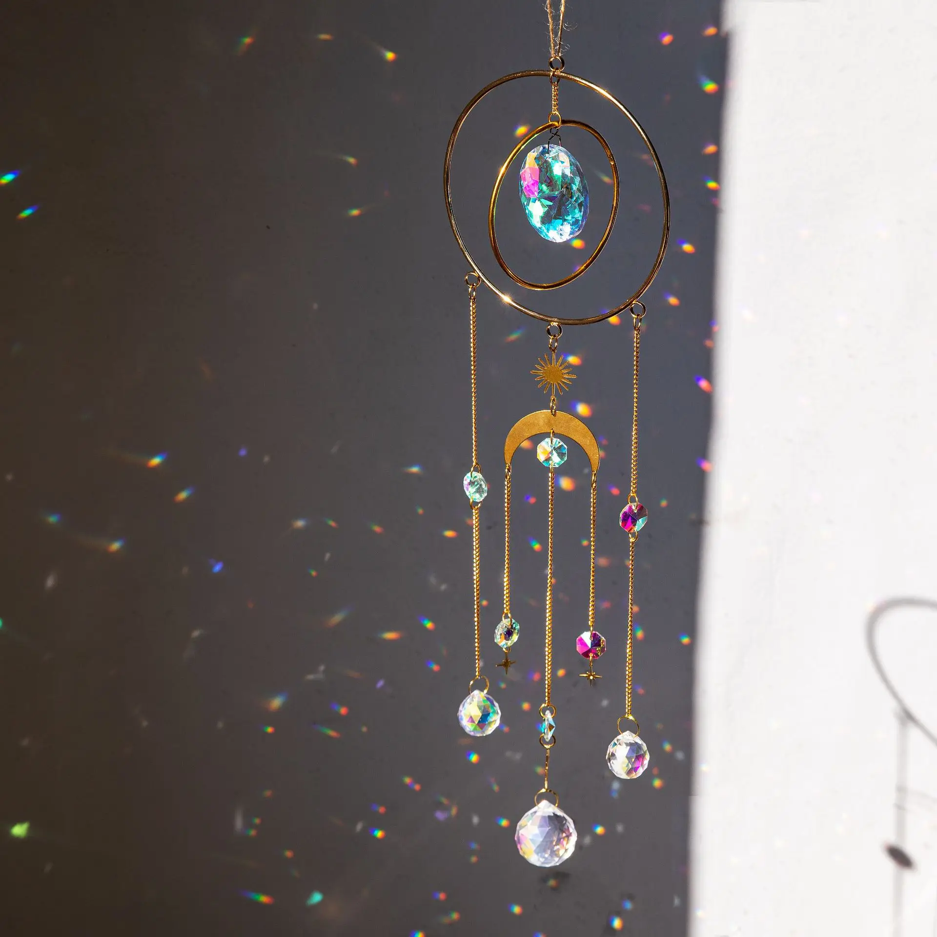 

Crystal Sun Catcher Wind Chimes Aura Prism Light Catcher Rainbow Maker Window Hanging Celestial Moon Decor Wedding Gift