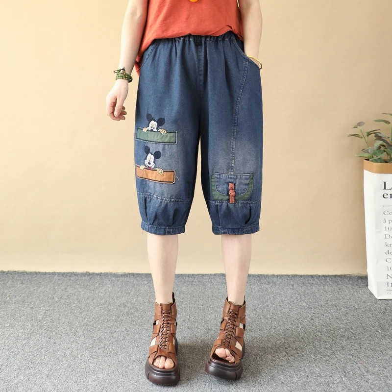 Summer Cartoon Patch Embroidered Denim Short Pants Women's Loose Oversized Frog Button Ankle-Tied Pants Lightweight Underpants