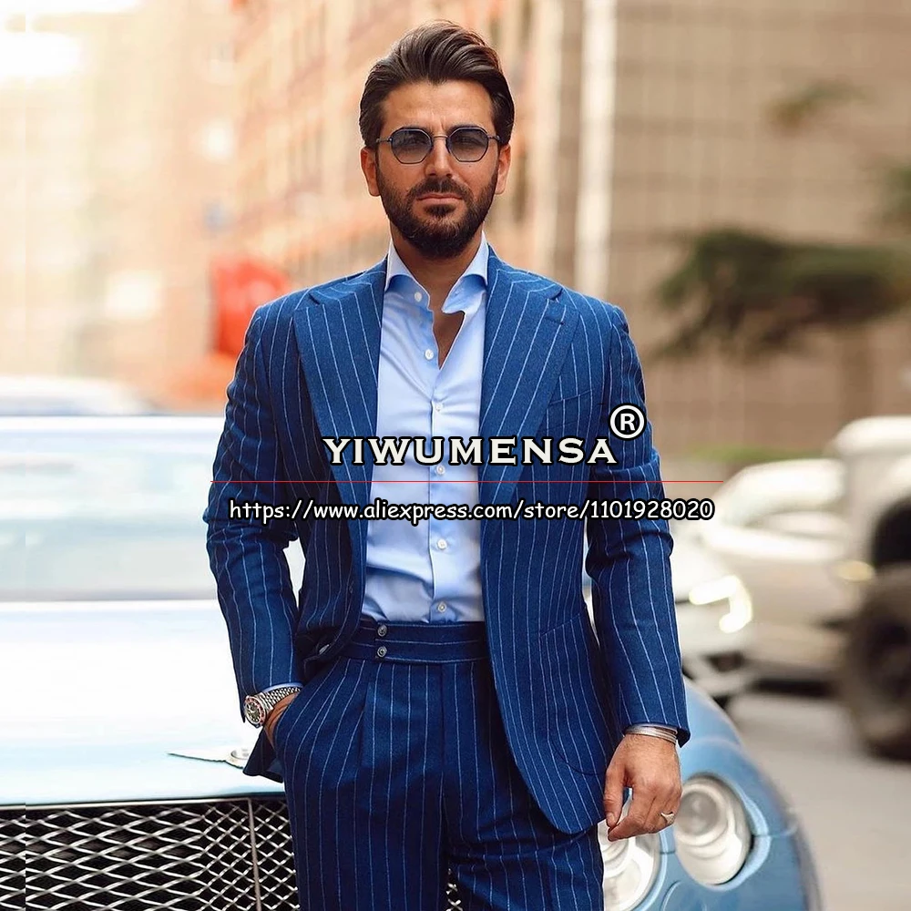 

Деловой костюм мужской, однобортный пиджак и брюки, дизайнерский блейзер для жениха, темно-синий костюм в полоску