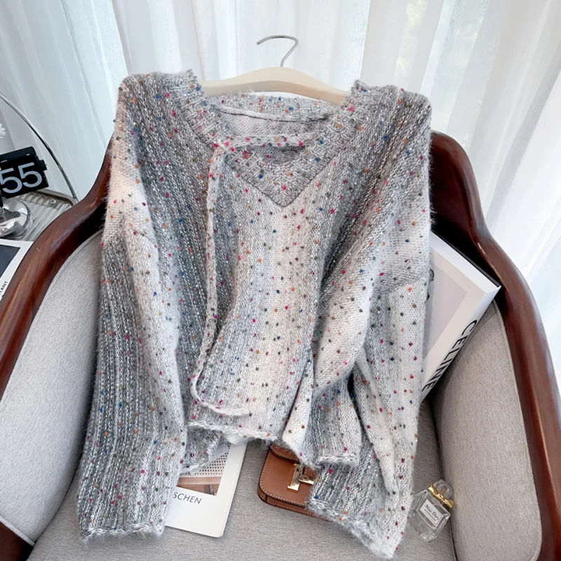 2024 новый серый свитер с v-образным вырезом модная зимняя женская одежда