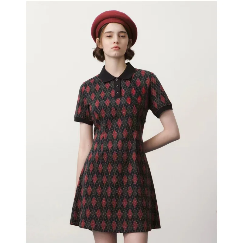 Dress Polo Neck A-line with Diamond Pattern in Navy Blue for Youthful Look Summer 2023 New Dress for Women  Vintage