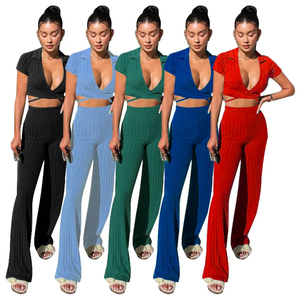 

2023 New Short Sleeves Deep V Neck T Shirt High Waist Straight Pants Solid Casual Two Pieces Outfits Summer Sexy Set