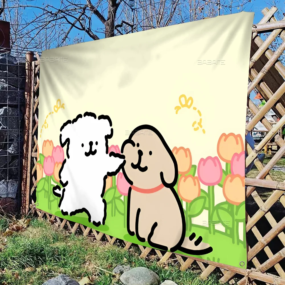 Cartoon Line MalteseDog Cute Printed Large Flag Art Science Fiction Room Home Decor Banner
