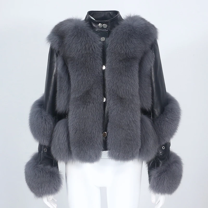 

OFTBUY 2023 Real Fur Coat Winter Jacket Women Natural Fox Fur Genuine Leather Outerwear Detachable Streetwear Locomotive Warm
