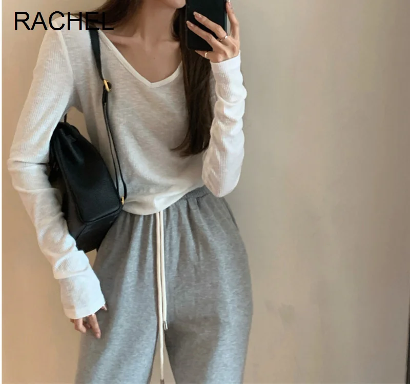 

T-shirt women's fashion autumn winter 2021 new Korean loose short white long sleeve bottom Shirt Top Rachel