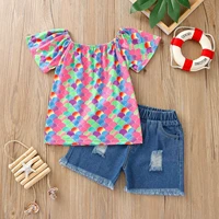 infant baby girls outfit se short sleeves and fish scales printed holes in denim shorts summer childrens new suits