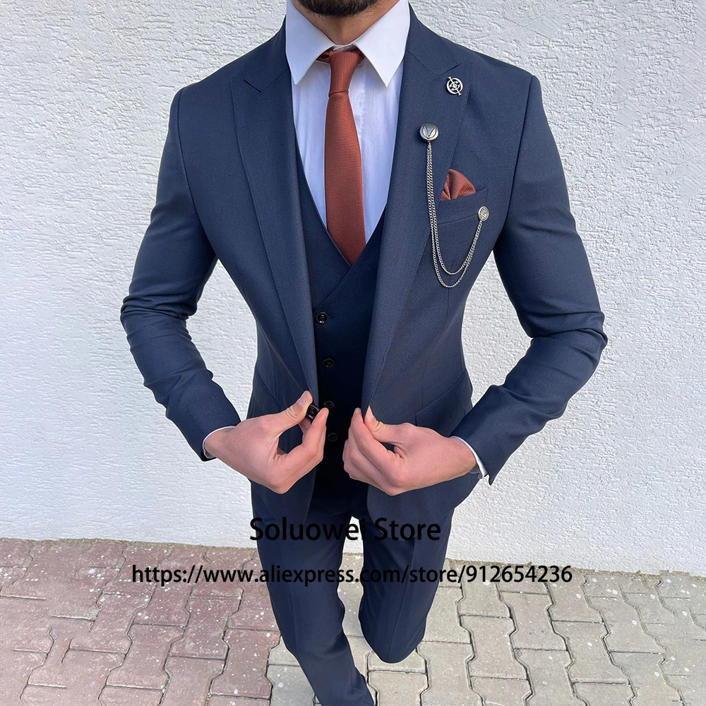 Suits For Men Navy Blue Slim Fit Groom Wedding Peaked Lapel Tuxedo 3 Piece Jacket Vest Pants Set Male Formal Business Blazer