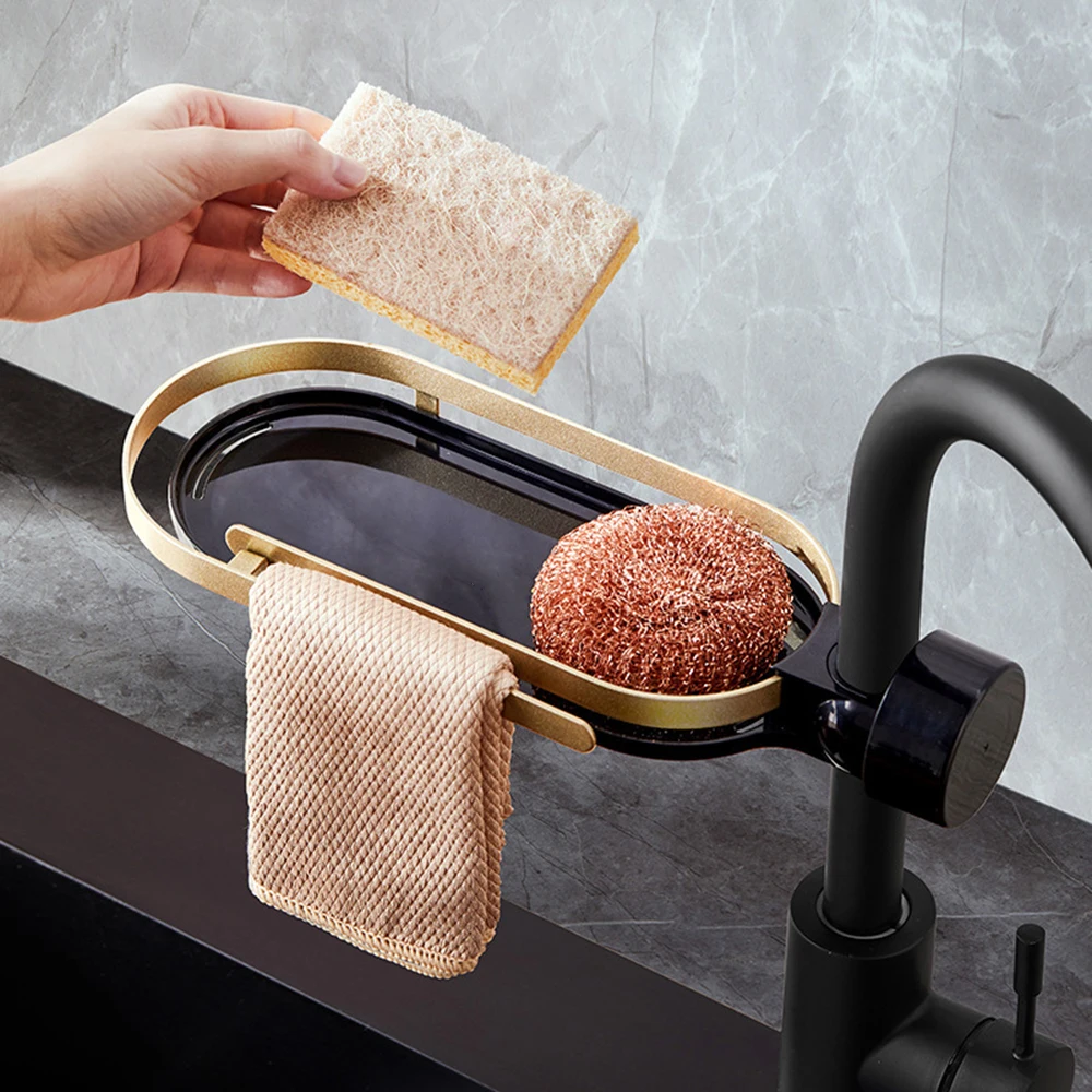 

Kitchen Faucet Storage Racks Adjustable Black/gold Soap Drain Rack For Bathroom Suitable For 18-28mm Diameter Faucet In Stock