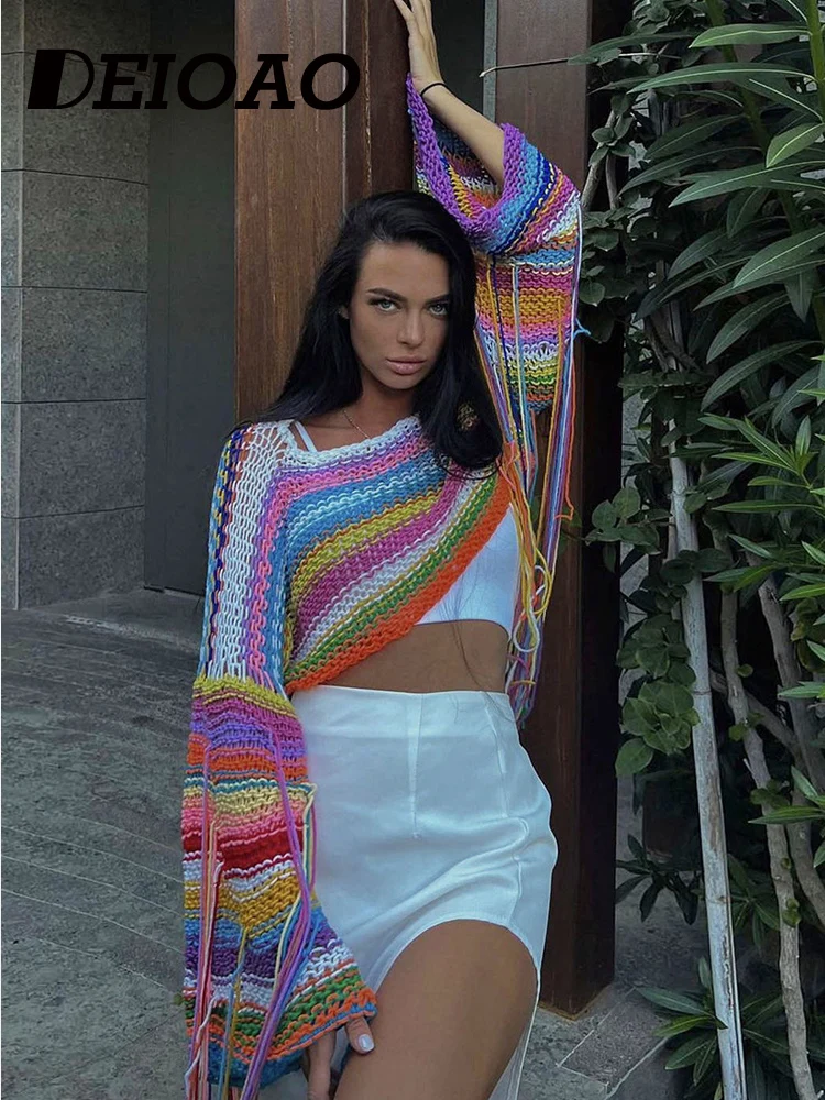 

Deioao Summer Fashion Knitted Women Loose Casual 2023 Female Exclusive Female O-Neck Lantern Sleeves Extra-Long Sleeves Tops