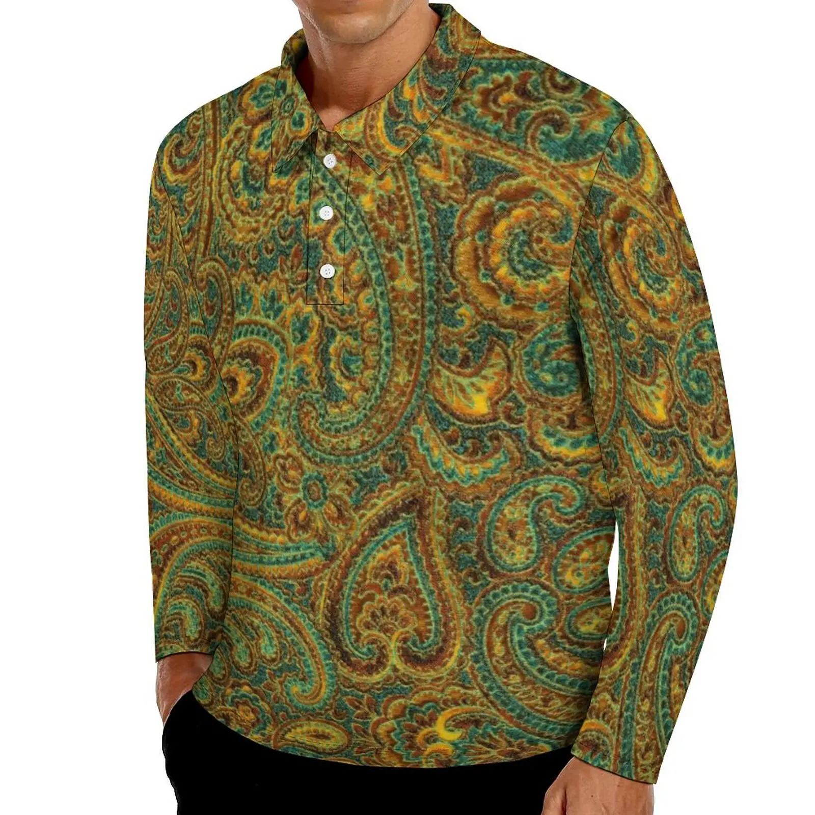 

Футболка-поло мужская с длинным рукавом, Повседневная рубашка с разноцветным цветочным принтом пейсли, уличный стиль, весенний узор, больши...