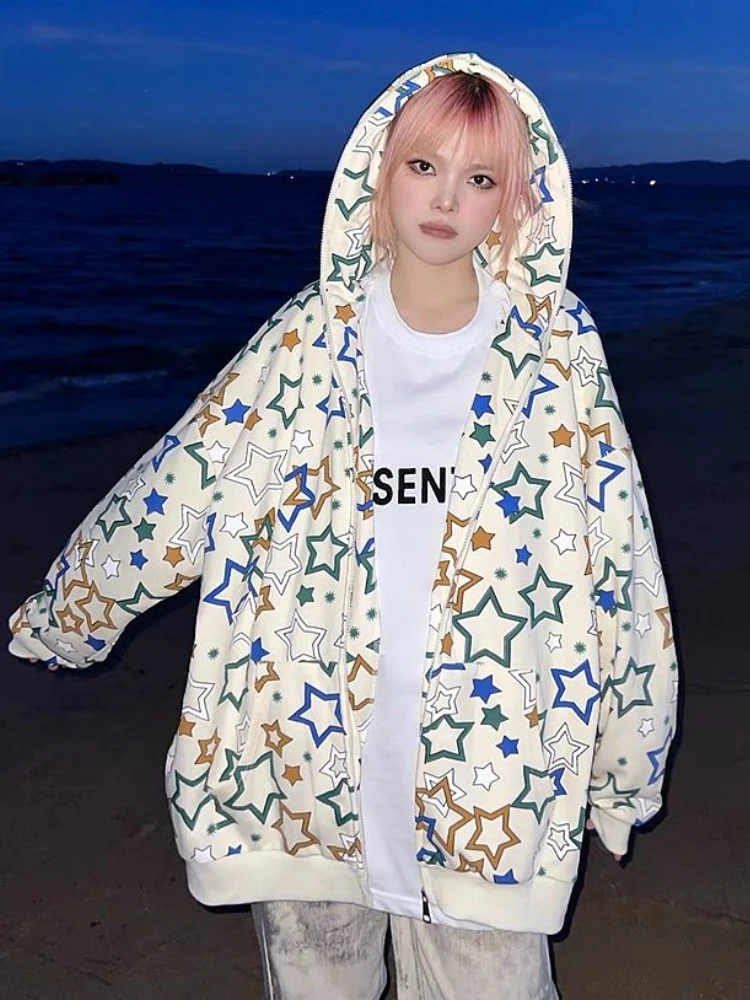 

Vintage Fashion Hoodies Star Print Casual Loose All Match Aestfetic Sweatshirts Spring Autumn Long Sleeve Sudaderas Con Capucha