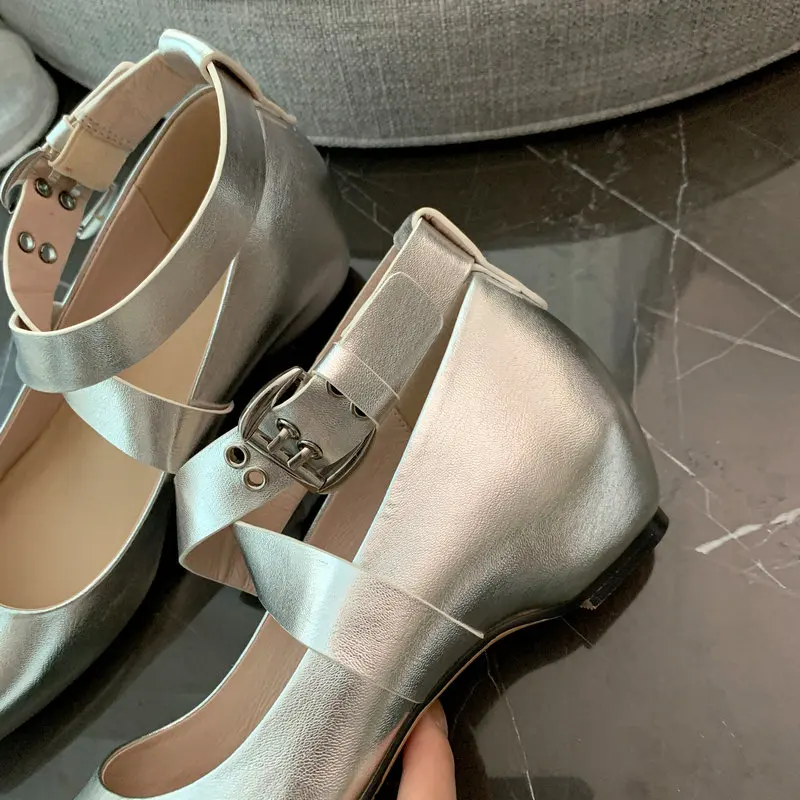 Girls Ballet Flats Improved Women Lncreased with Cross Buckles Flats Fashion Soft Real Leather Sweet Mary Janes Shoes