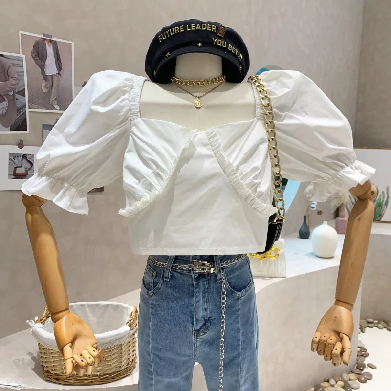 

Новая женская одежда нишевого дизайна 2022, летняя дизайнерская кукольная рубашка, рубашка с квадратным вырезом и коротким рукавом с буфами, ...