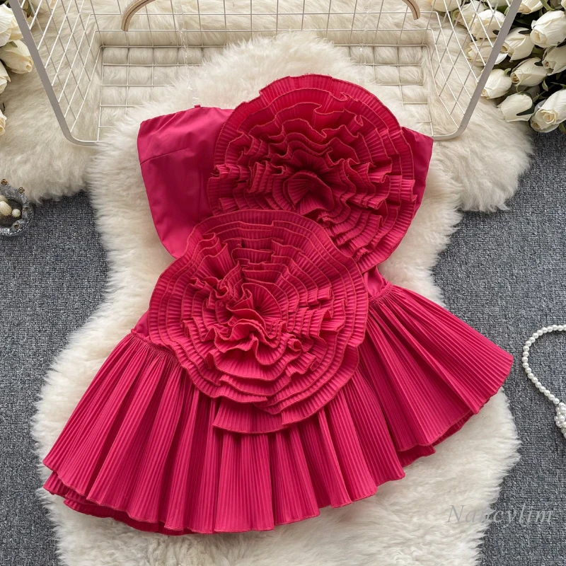 

Tube Top Design Sense Women's Heavy-Duty Pleated Three-Dimensional Flower Slim Irregular Lotus Leaf Swing Holiday Shirt Y2k Tops