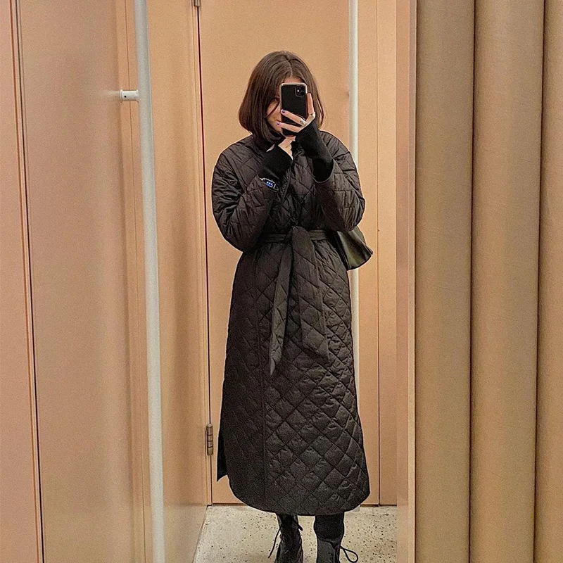Long Straight Winter Jacket Women Coat With Rhombus Pattern Casual Sashes Women Parkas Oversize Down Cotton Tops Outwear