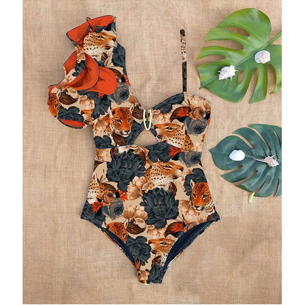 

2023 New Sexy Ruffle Print Floral One Piece Strappy One shoulder Swimwear Women Swimsuit Bathing Suit Backless Beachwear Monkini