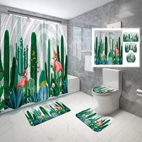 4 piece bathroom set tropical plant waterproof shower curtain with hooks 3d printing floral toilet mats set green decor for bath