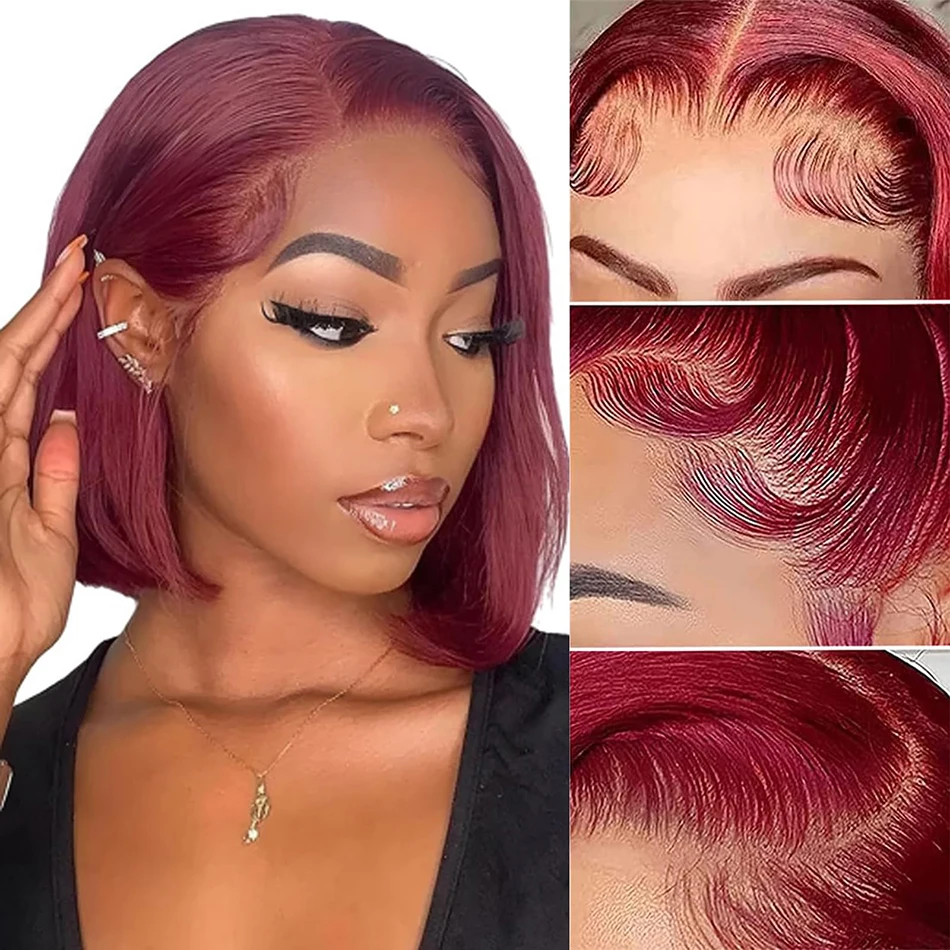 Парики 99J цвета Бургунди 13x4 фронтальные прямые короткие парики из человеческих