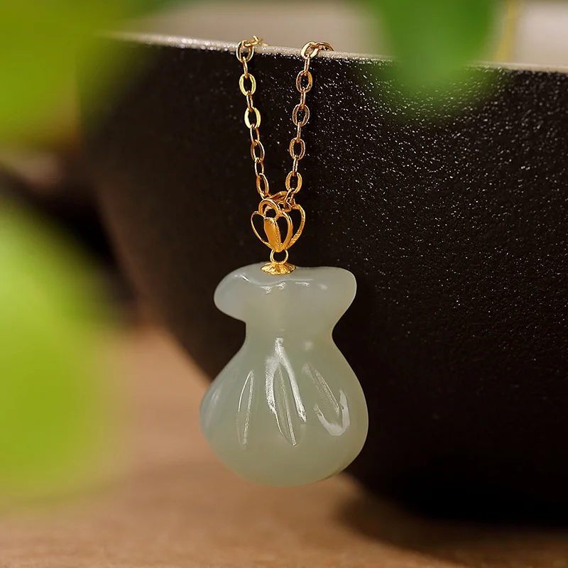 

One Deer Silver 18K Gold Hotan Jade Blue Personality Blessing Bag Money Pendant Copper Coin Versatile