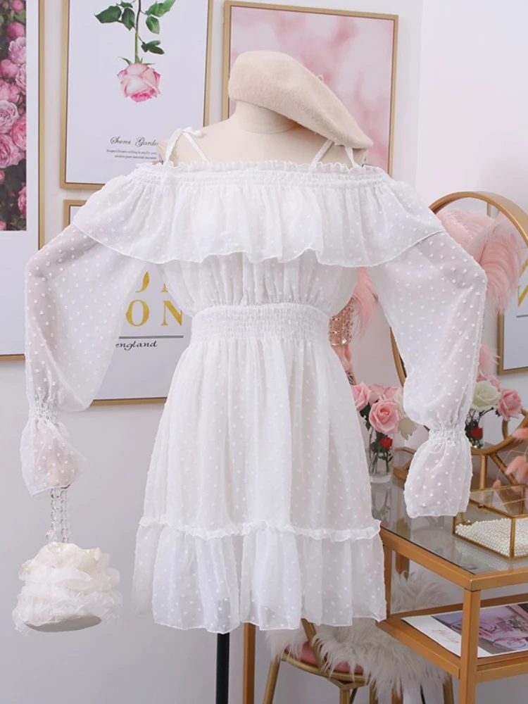 

Новинка 2022SS, милое универсальное шифоновое платье в горошек с оборками и оборками по краям, платье на бретелях, короткая юбка, милая одежда